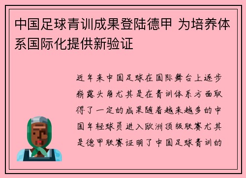 中国足球青训成果登陆德甲 为培养体系国际化提供新验证